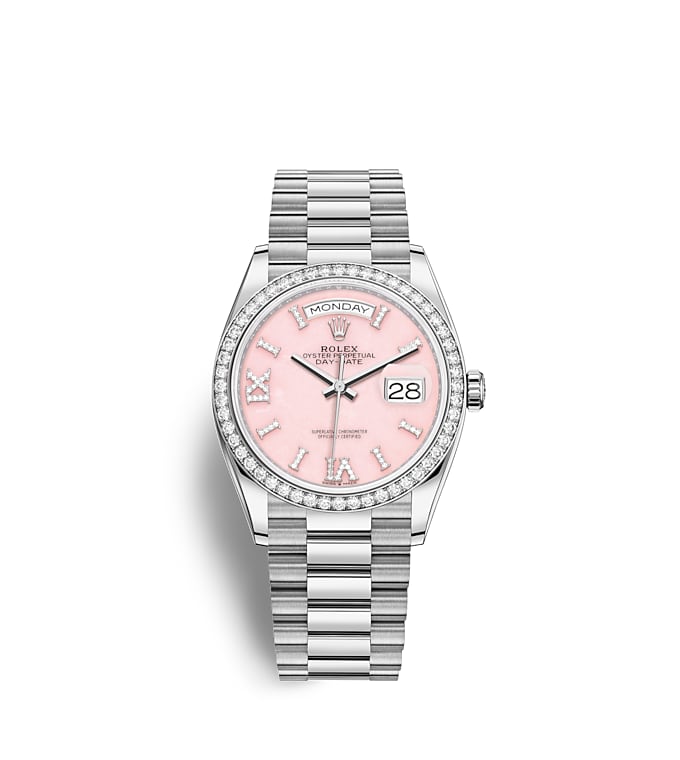 Rolex Day-Date | 128349RBR | Day-Date 36 | Gem-set dial | Pink opal dial | Diamond-Set Bezel | 18 ct white gold | m128349rbr-0008 | Women Watch | Rolex Official Retailer - Srichai Watch