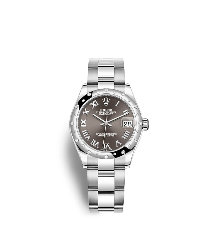 Rolex Datejust | 278344RBR | Datejust 31 | หน้าปัดสีเข้ม | หน้าปัดสีเทาเข้ม | ขอบหน้าปัดประดับเพชร | White Rolesor | m278344rbr-0023 | หญิง Watch | Rolex Official Retailer - Srichai Watch