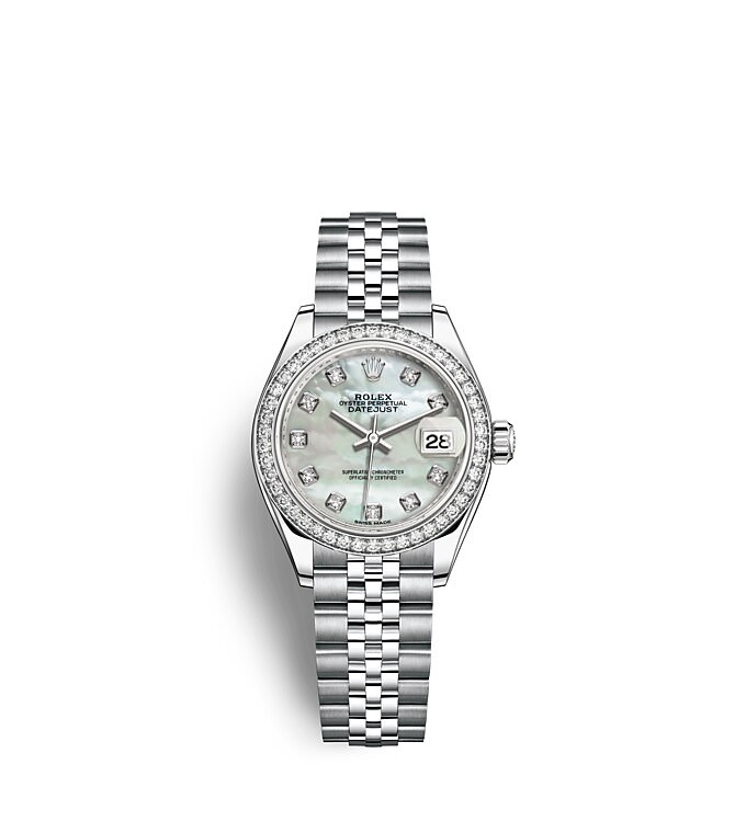 Rolex Lady-Datejust | 279384RBR | Lady-Datejust | หน้าปัดประดับอัญมณี | หน้าปัดไข่มุก | ขอบหน้าปัดประดับเพชร | White Rolesor | m279384rbr-0011 | หญิง Watch | Rolex Official Retailer - Srichai Watch