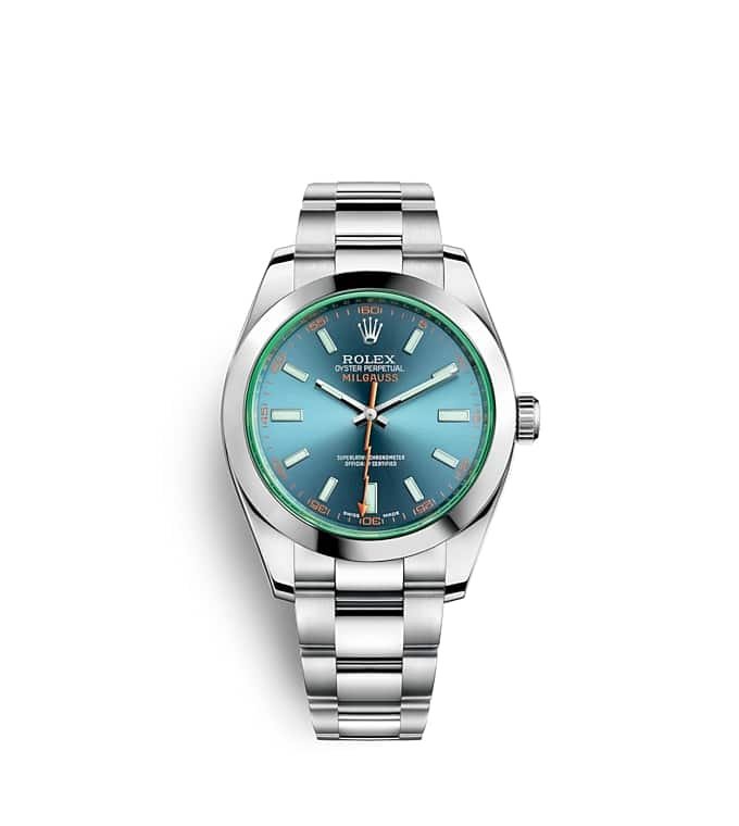 Rolex Milgauss | 116400GV | Milgauss | หน้าปัดสี | แซฟไฟร์คริสตัลสีเขียว | หน้าปัด Z-Blue | Oystersteel | m116400gv-0002 | ชาย Watch | Rolex Official Retailer - Srichai Watch