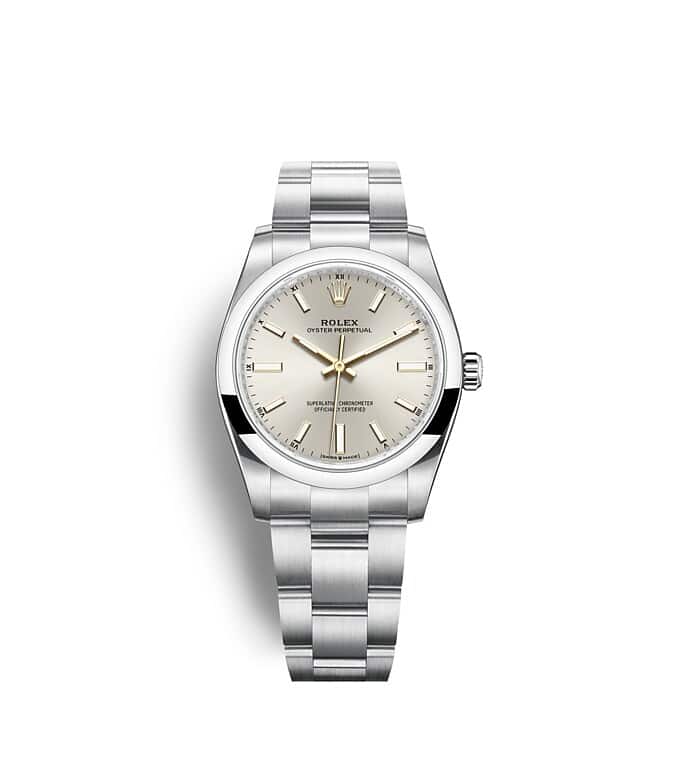 Rolex Oyster Perpetual | 124200 | Oyster Perpetual 34 | Light dial | Silver dial | Oystersteel | The Oyster bracelet | m124200-0001 | Women Watch | Rolex Official Retailer - Srichai Watch