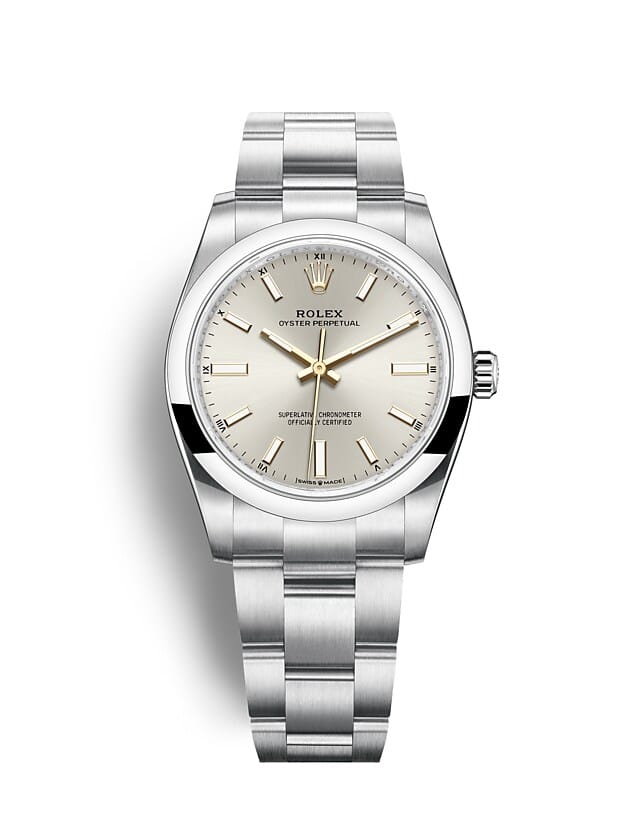Rolex Oyster Perpetual | 124200 | Oyster Perpetual 34 | Light dial | Silver dial | Oystersteel | The Oyster bracelet | m124200-0001 | Women Watch | Rolex Official Retailer - Srichai Watch