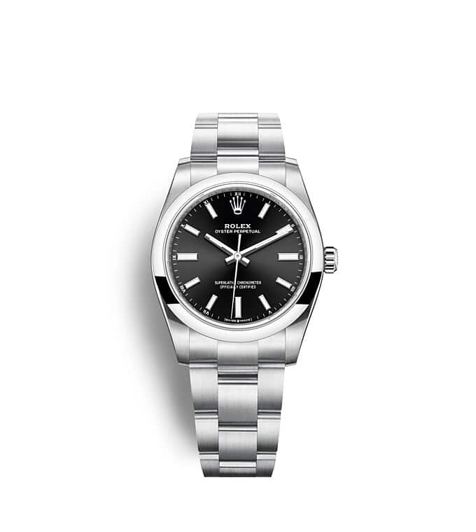 Rolex Oyster Perpetual | 124200 | Oyster Perpetual 34 | Dark dial | Bright black dial | Oystersteel | The Oyster bracelet | m124200-0002 | Women Watch | Rolex Official Retailer - Srichai Watch