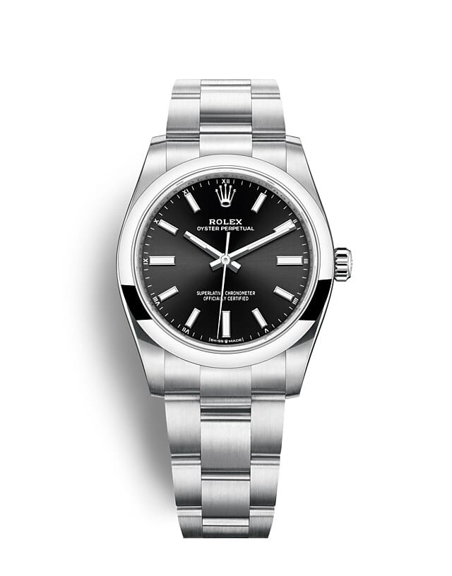 Rolex Oyster Perpetual | 124200 | Oyster Perpetual 34 | Dark dial | Bright black dial | Oystersteel | The Oyster bracelet | m124200-0002 | Women Watch | Rolex Official Retailer - Srichai Watch