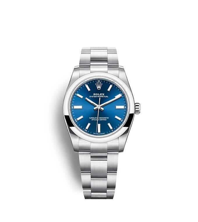 Rolex Oyster Perpetual | 124200 | Oyster Perpetual 34 | Coloured dial | Bright blue dial | Oystersteel | The Oyster bracelet | m124200-0003 | Women Watch | Rolex Official Retailer - Srichai Watch