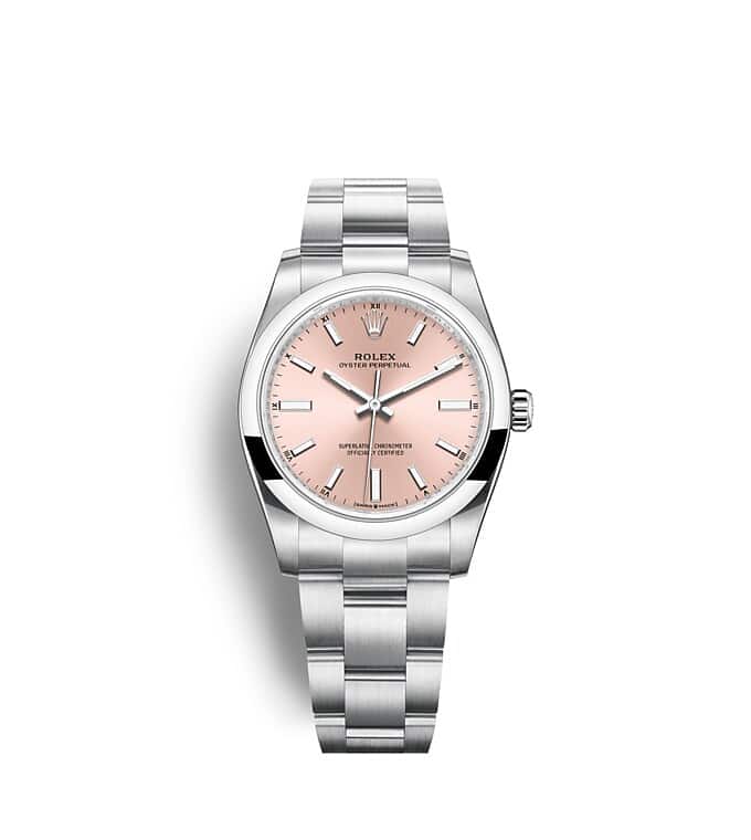 Rolex Oyster Perpetual | 124200 | Oyster Perpetual 34 | Coloured dial | Pink Dial | Oystersteel | The Oyster bracelet | m124200-0004 | Women Watch | Rolex Official Retailer - Srichai Watch