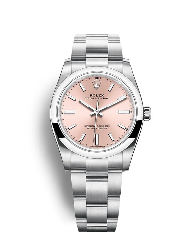 Rolex Oyster Perpetual | 124200 | Oyster Perpetual 34 | Coloured dial | Pink Dial | Oystersteel | The Oyster bracelet | m124200-0004 | Women Watch | Rolex Official Retailer - Srichai Watch