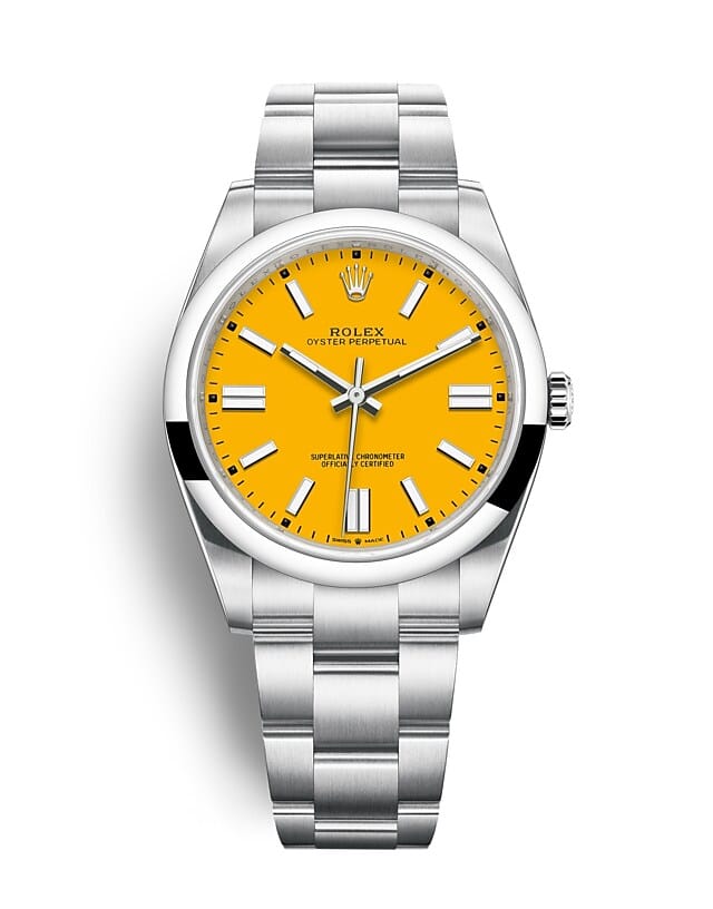 Rolex Oyster Perpetual | 124300 | Oyster Perpetual 41 | Coloured dial | Yellow dial | Oystersteel | The Oyster bracelet | m124300-0004 | Men Watch | Rolex Official Retailer - Srichai Watch