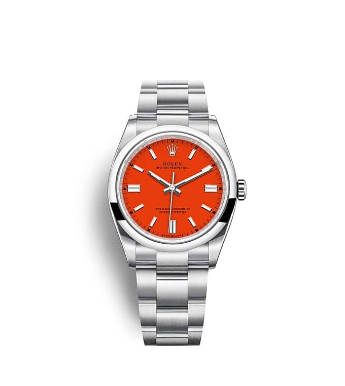 Rolex Oyster Perpetual | 126000 | Oyster Perpetual 36 | Coloured dial | Coral red dial | Oystersteel | The Oyster bracelet | m126000-0007 | Men Watch | Rolex Official Retailer - Srichai Watch