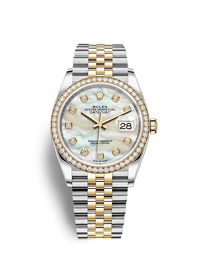 Rolex Datejust | 126283RBR | Datejust 36 | Light dial | Mother-of-Pearl Dial | Diamond-Set Bezel | Yellow Rolesor | m126283rbr-0009 | Men Watch | Rolex Official Retailer - Srichai Watch