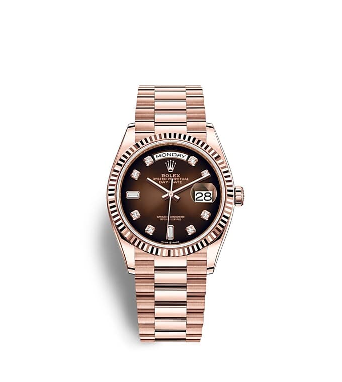 Rolex Day-Date | 128235 | Day-Date 36 | Coloured dial | Brown ombré dial | The Fluted Bezel | 18 ct Everose gold | m128235-0037 | Men Watch | Rolex Official Retailer - Srichai Watch