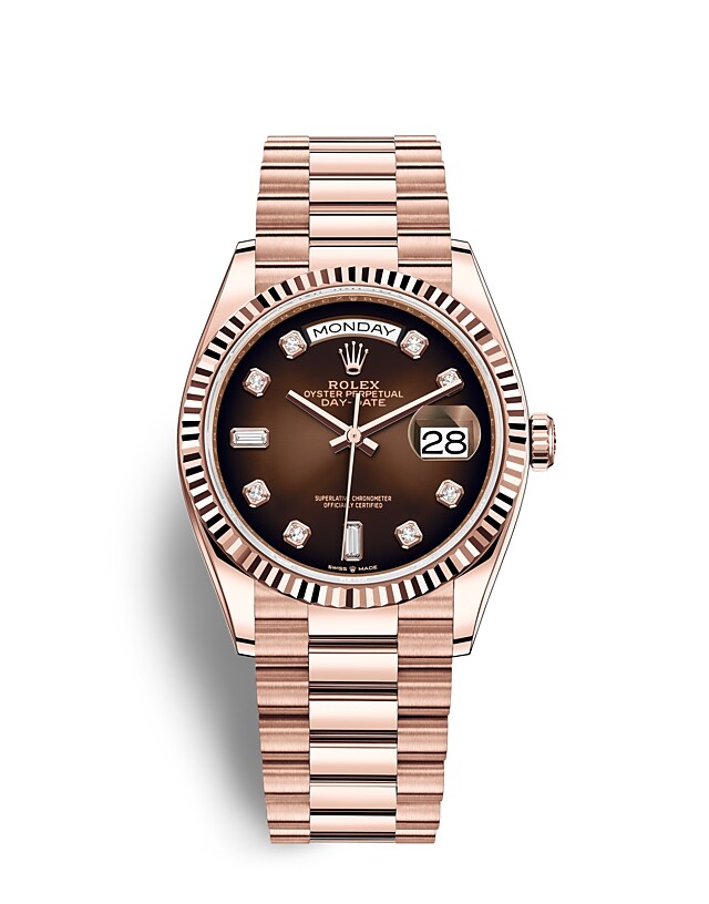 Rolex Day-Date | 128235 | Day-Date 36 | Coloured dial | Brown ombré dial | The Fluted Bezel | 18 ct Everose gold | m128235-0037 | Men Watch | Rolex Official Retailer - Srichai Watch