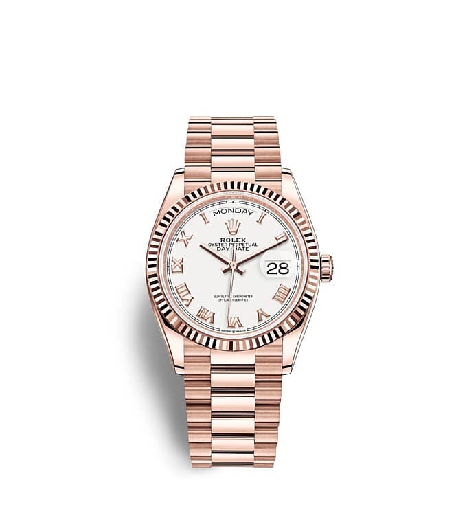 Rolex Day-Date | 128235 | Day-Date 36 | Light dial | The Fluted Bezel | White dial | 18 ct Everose gold | m128235-0052 | Men Watch | Rolex Official Retailer - Srichai Watch