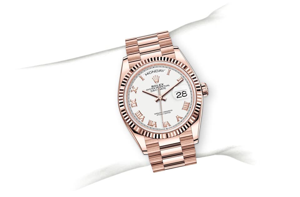 Rolex Day-Date | 128235 | Day-Date 36 | Light dial | The Fluted Bezel | White dial | 18 ct Everose gold | m128235-0052 | Men Watch | Rolex Official Retailer - Srichai Watch
