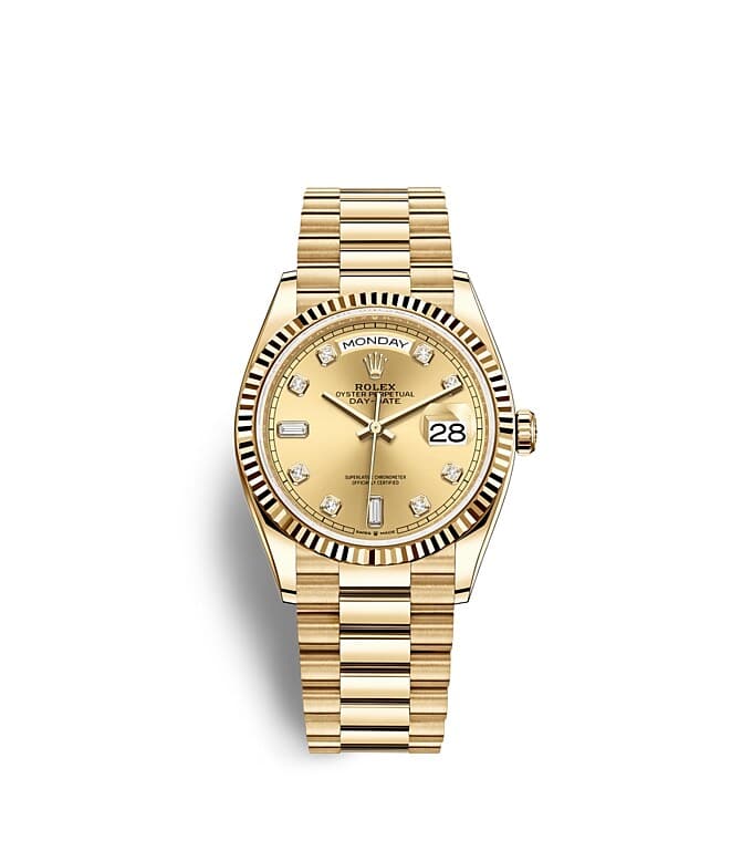 Rolex Day-Date | 128238 | Day-Date 36 | Coloured dial | Champagne-colour dial | The Fluted Bezel | 18 ct yellow gold | m128238-0008 | Men Watch | Rolex Official Retailer - Srichai Watch