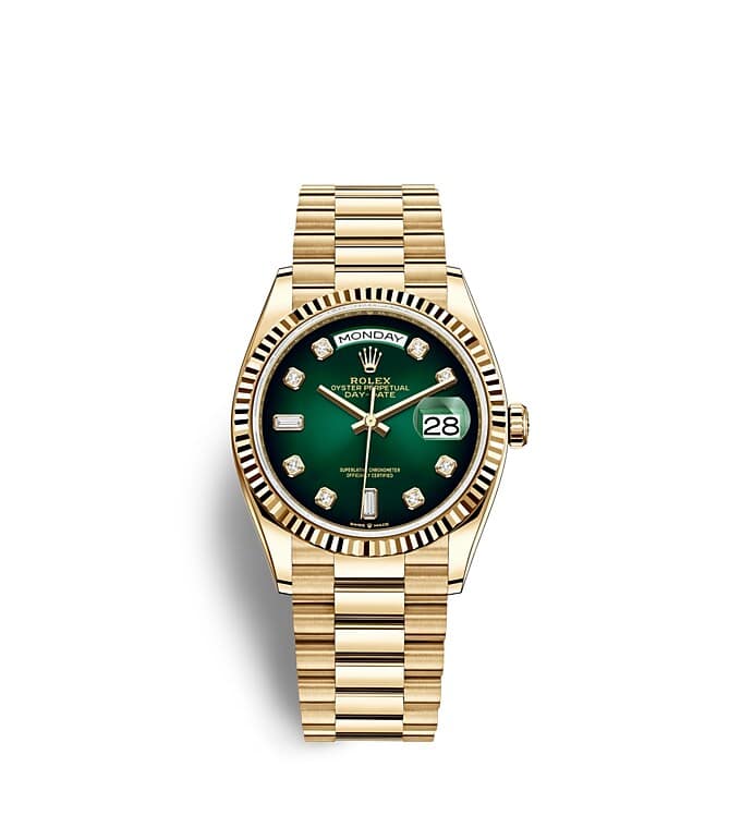 Rolex Day-Date | 128238 | Day-Date 36 | Gem-set dial | Green ombré dial | The Fluted Bezel | 18 ct yellow gold | m128238-0069 | Men Watch | Rolex Official Retailer - Srichai Watch