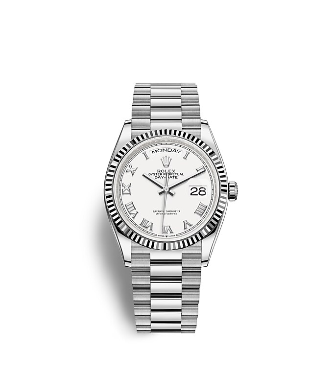 Rolex Day-Date | 128239 | Day-Date 36 | Light dial | The Fluted Bezel | White dial | 18 ct white gold | m128239-0038 | Men Watch | Rolex Official Retailer - Srichai Watch