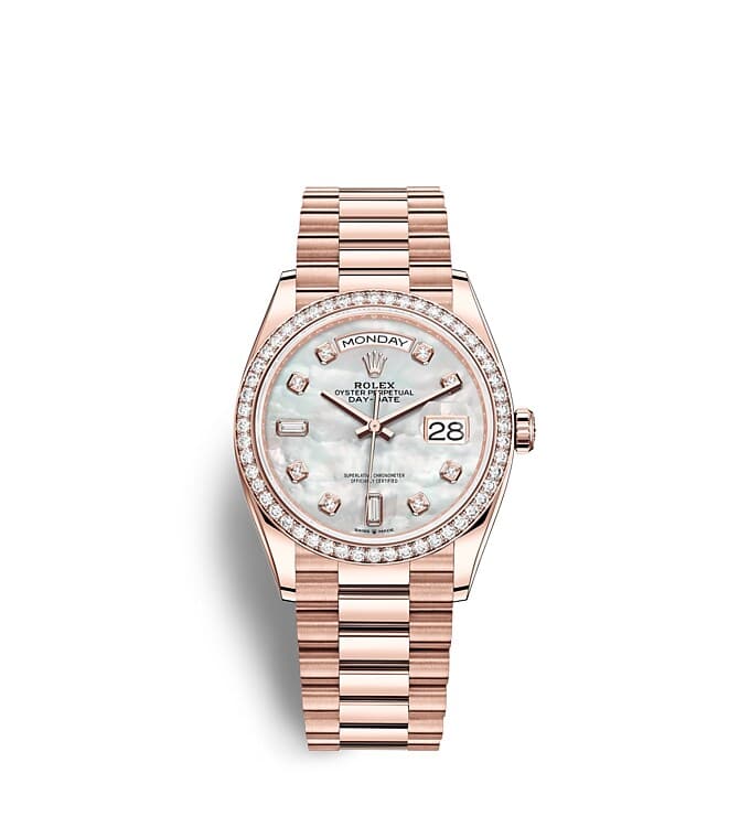 Rolex Day-Date | 128345RBR | Day-Date 36 | หน้าปัดประดับอัญมณี | หน้าปัดไข่มุก | ขอบหน้าปัดประดับเพชร | เอเวอร์โรสโกลด์ 18 กะรัต | m128345rbr-0028 | หญิง Watch | Rolex Official Retailer - Srichai Watch