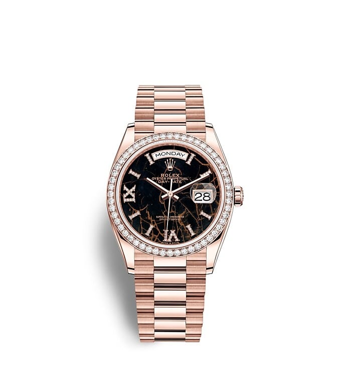 Rolex Day-Date | 128345RBR | Day-Date 36 | Dark dial | Eisenkiesel dial | Diamond-Set Bezel | 18 ct Everose gold | m128345rbr-0044 | Women Watch | Rolex Official Retailer - Srichai Watch
