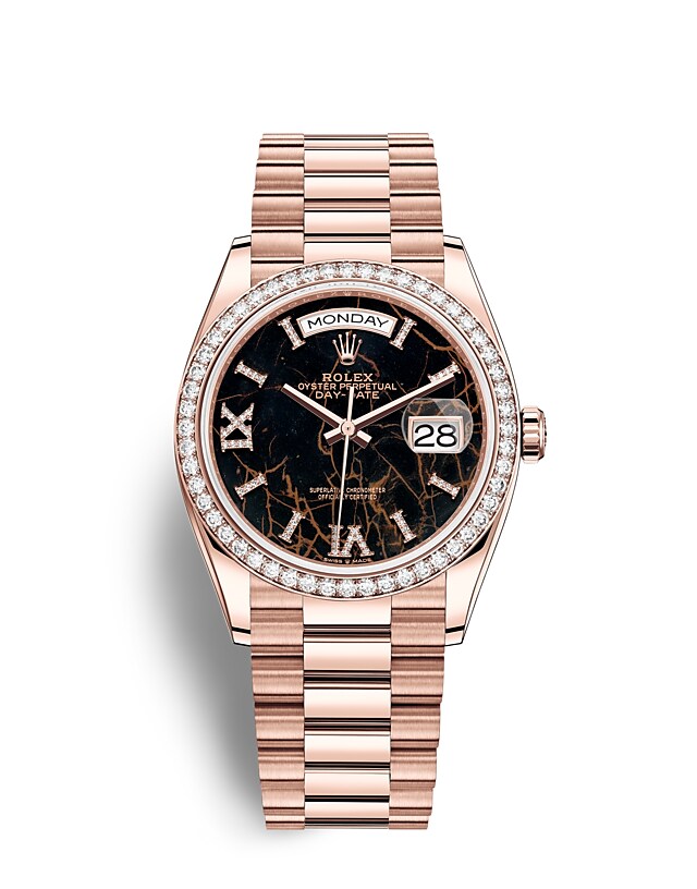 Rolex Day-Date | 128345RBR | Day-Date 36 | หน้าปัดสีเข้ม | หน้าปัด Eisenkiesel | ขอบหน้าปัดประดับเพชร | เอเวอร์โรสโกลด์ 18 กะรัต | m128345rbr-0044 | หญิง Watch | Rolex Official Retailer - Srichai Watch