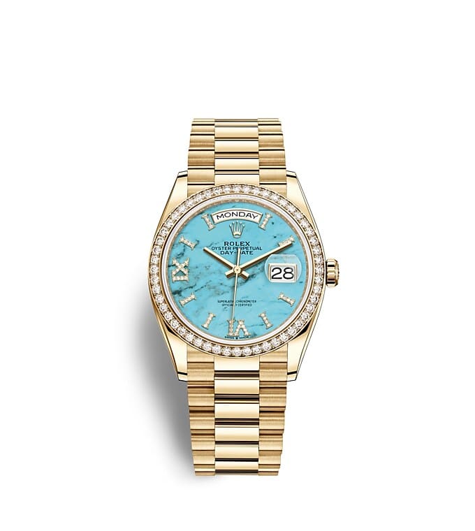 Rolex Day-Date | 128348RBR | Day-Date 36 | หน้าปัดสี | หน้าปัดสีเทอร์ควอยซ์ | ขอบหน้าปัดประดับเพชร | ทองคำ 18 กะรัต | m128348rbr-0037 | หญิง Watch | Rolex Official Retailer - Srichai Watch
