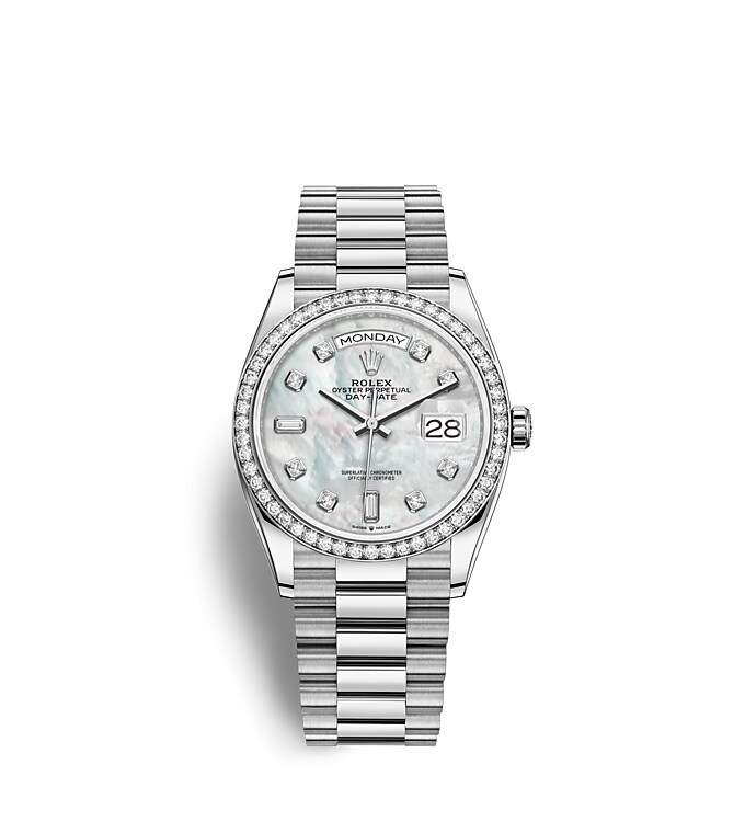 Rolex Day-Date | 128349RBR | Day-Date 36 | Gem-set dial | Mother-of-Pearl Dial | Diamond-Set Bezel | 18 ct white gold | m128349rbr-0004 | Women Watch | Rolex Official Retailer - Srichai Watch