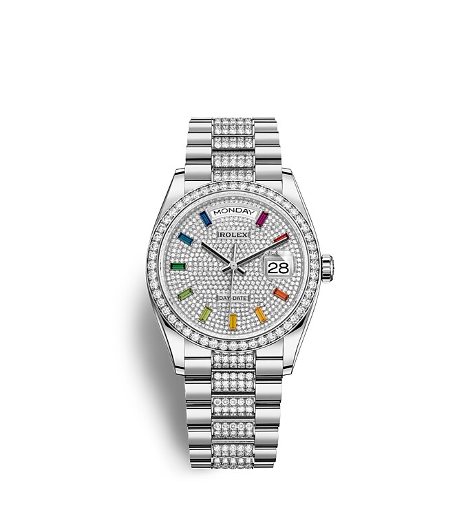 Rolex Day-Date | 128349RBR | Day-Date 36 | หน้าปัดประดับอัญมณี | หน้าปัดประดับเพชร | ขอบหน้าปัดประดับเพชร | ทองคำขาว 18 กะรัต | m128349rbr-0012 | หญิง Watch | Rolex Official Retailer - Srichai Watch