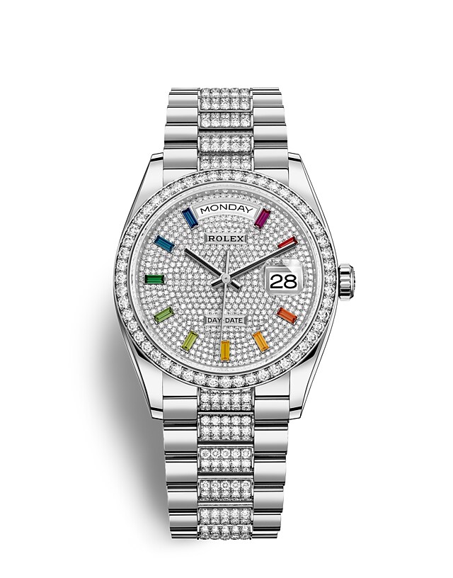 Rolex Day-Date | 128349RBR | Day-Date 36 | หน้าปัดประดับอัญมณี | หน้าปัดประดับเพชร | ขอบหน้าปัดประดับเพชร | ทองคำขาว 18 กะรัต | m128349rbr-0012 | หญิง Watch | Rolex Official Retailer - Srichai Watch