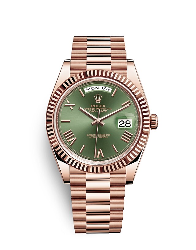 Rolex Day-Date | 228235 | Day-Date 40 | Coloured dial | The Fluted Bezel | Olive Green Dial | 18 ct Everose gold | m228235-0025 | Men Watch | Rolex Official Retailer - Srichai Watch