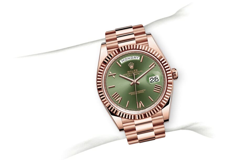 Rolex Day-Date | 228235 | Day-Date 40 | Coloured dial | The Fluted Bezel | Olive Green Dial | 18 ct Everose gold | m228235-0025 | Men Watch | Rolex Official Retailer - Srichai Watch