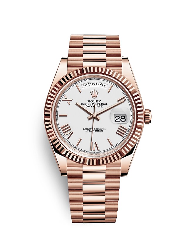 Rolex Day-Date | 228235 | Day-Date 40 | Light dial | The Fluted Bezel | White dial | 18 ct Everose gold | m228235-0032 | Men Watch | Rolex Official Retailer - Srichai Watch