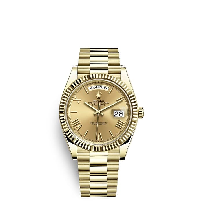 Rolex Day-Date | 228238 | Day-Date 40 | Coloured dial | Champagne-colour dial | The Fluted Bezel | 18 ct yellow gold | m228238-0006 | Men Watch | Rolex Official Retailer - Srichai Watch