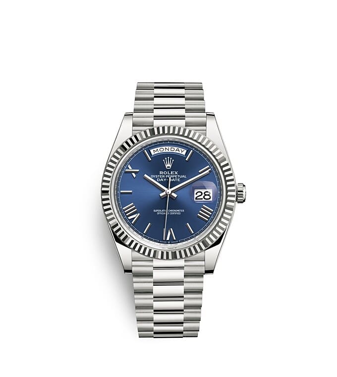 Rolex Day-Date | 228239 | Day-Date 40 | Coloured dial | The Fluted Bezel | Bright blue dial | 18 ct white gold | m228239-0007 | Men Watch | Rolex Official Retailer - Srichai Watch