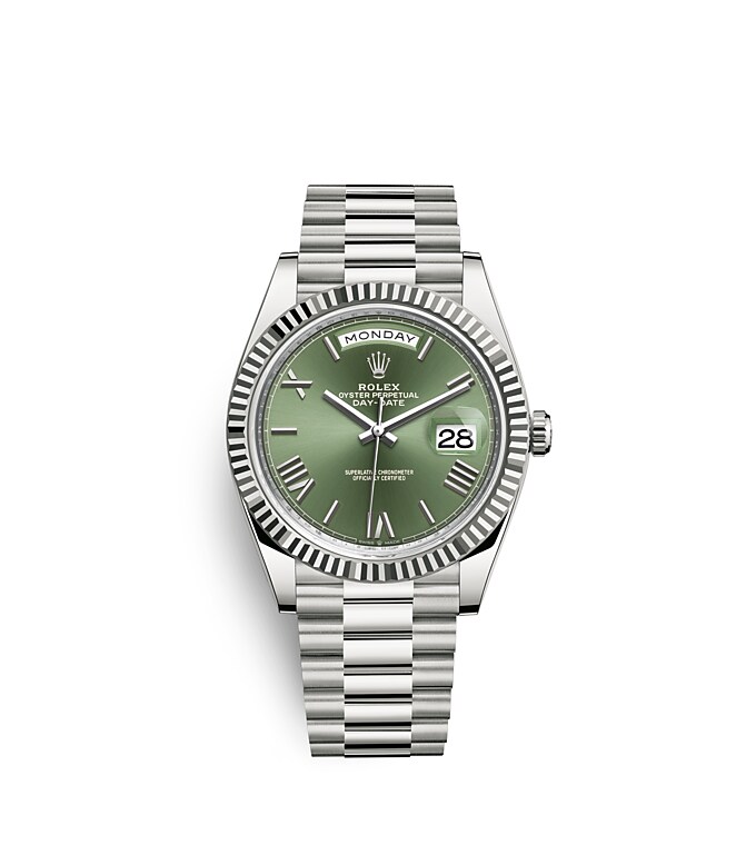 Rolex Day-Date 40 | 228239 | Day-Date 40 | Coloured dial | The Fluted Bezel | Olive Green Dial | 18 ct white gold | m228239-0033 | Men Watch | Rolex Official Retailer - Srichai Watch