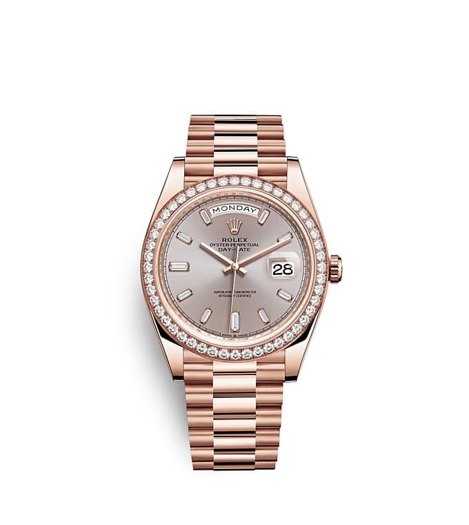 Rolex Day-Date | 228345RBR | Day-Date 40 | Light dial | Sundust Dial | Diamond-Set Bezel | 18 ct Everose gold | m228345rbr-0007 | Men Watch | Rolex Official Retailer - Srichai Watch