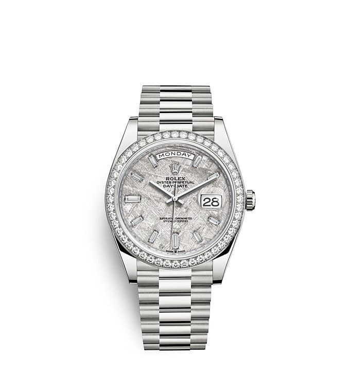 Rolex Day-Date | 228349RBR | Day-Date 40 | Gem-set dial | Meteorite dial | Diamond-Set Bezel | 18 ct white gold | m228349rbr-0040 | Men Watch | Rolex Official Retailer - Srichai Watch