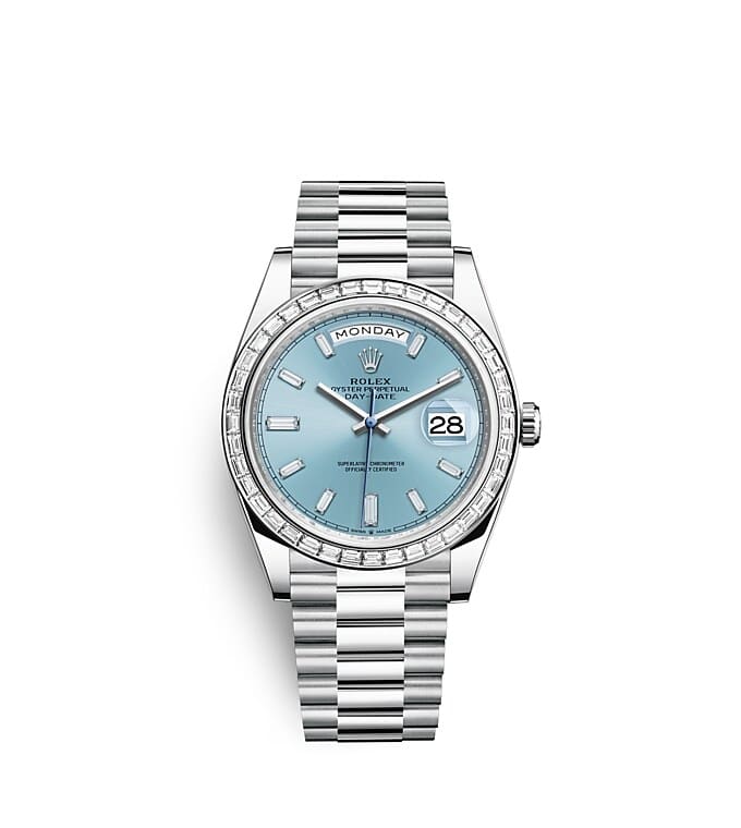 Rolex Day-Date | 228396TBR | Day-Date 40 | หน้าปัดสี | หน้าปัดสีฟ้าไอซ์บลู | ขอบหน้าปัดประดับเพชร | แพลทินัม | m228396tbr-0002 | ชาย Watch | Rolex Official Retailer - Srichai Watch