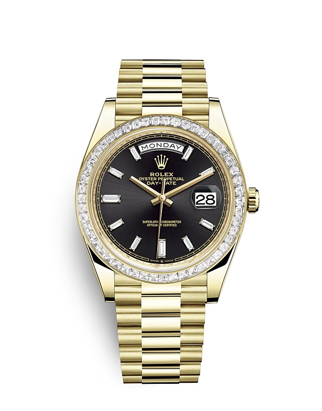 Rolex Day-Date | 228398TBR | Day-Date 40 | หน้าปัดสีเข้ม | หน้าปัดสีดำสว่าง | ขอบหน้าปัดประดับเพชร | ทองคำ 18 กะรัต | m228398tbr-0001 | ชาย Watch | Rolex Official Retailer - Srichai Watch