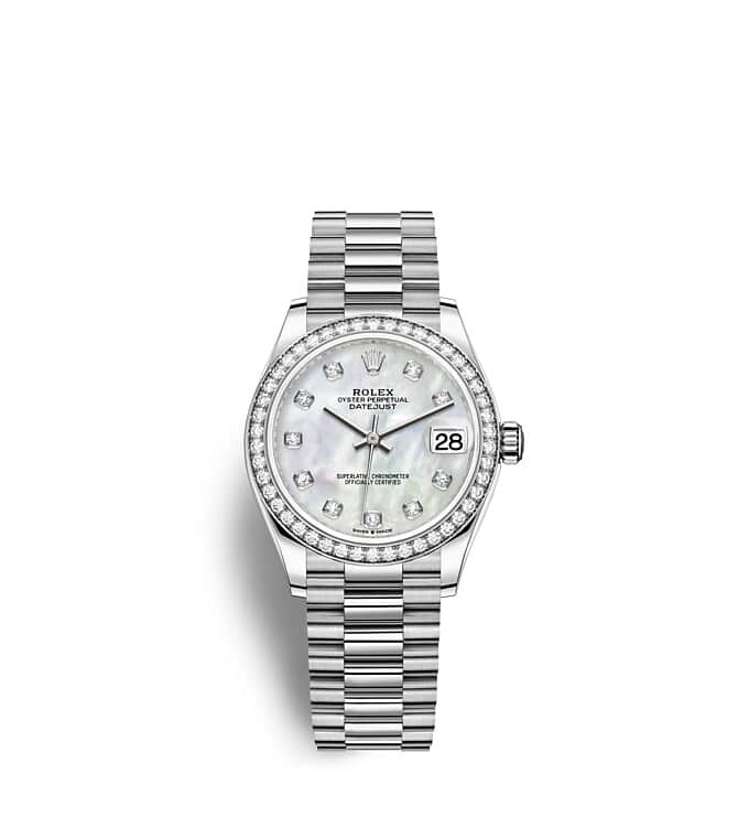 Rolex Datejust | 278289RBR | Datejust 31 | หน้าปัดประดับอัญมณี | หน้าปัดไข่มุก | ขอบหน้าปัดประดับเพชร | ทองคำขาว 18 กะรัต | m278289rbr-0005 | หญิง Watch | Rolex Official Retailer - Srichai Watch