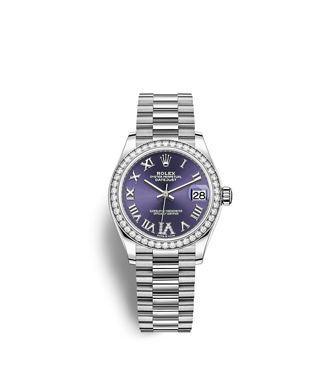 Rolex Datejust | 278289RBR | Datejust 31 | Coloured dial | Aubergine Dial | Diamond-Set Bezel | 18 ct white gold | m278289rbr-0019 | Women Watch | Rolex Official Retailer - Srichai Watch