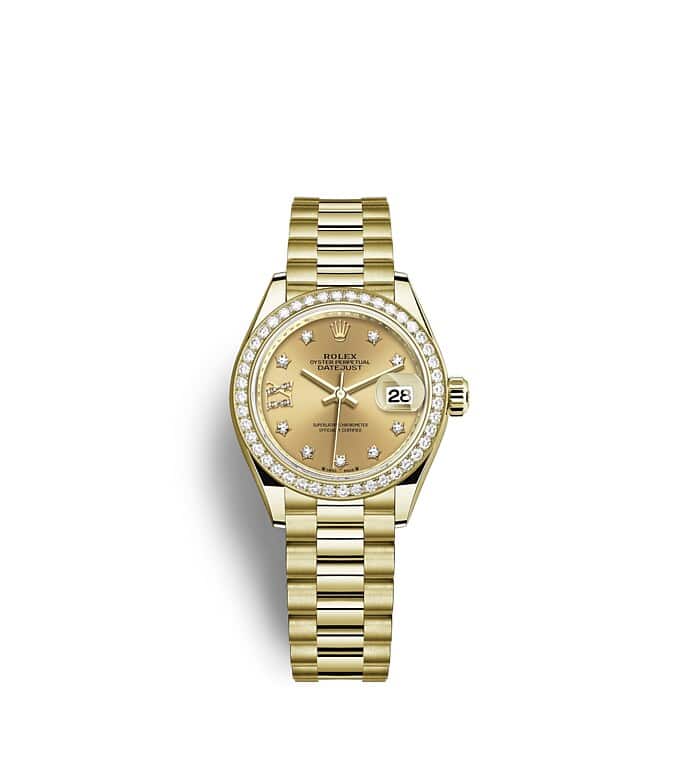 Rolex Lady-Datejust | 279138RBR | Lady-Datejust | Coloured dial | Champagne-colour dial | Diamond-Set Bezel | 18 ct yellow gold | m279138rbr-0006 | Women Watch | Rolex Official Retailer - Srichai Watch
