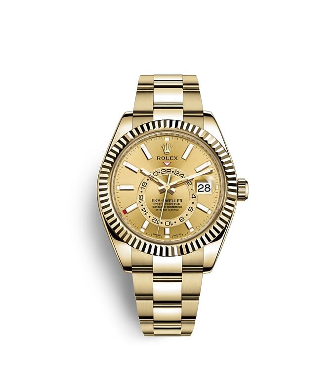 Rolex Sky-Dweller | 326938 | Sky-Dweller | Coloured dial | Champagne-colour dial | The Fluted Bezel | 18 ct yellow gold | m326938-0003 | Men Watch | Rolex Official Retailer - Srichai Watch