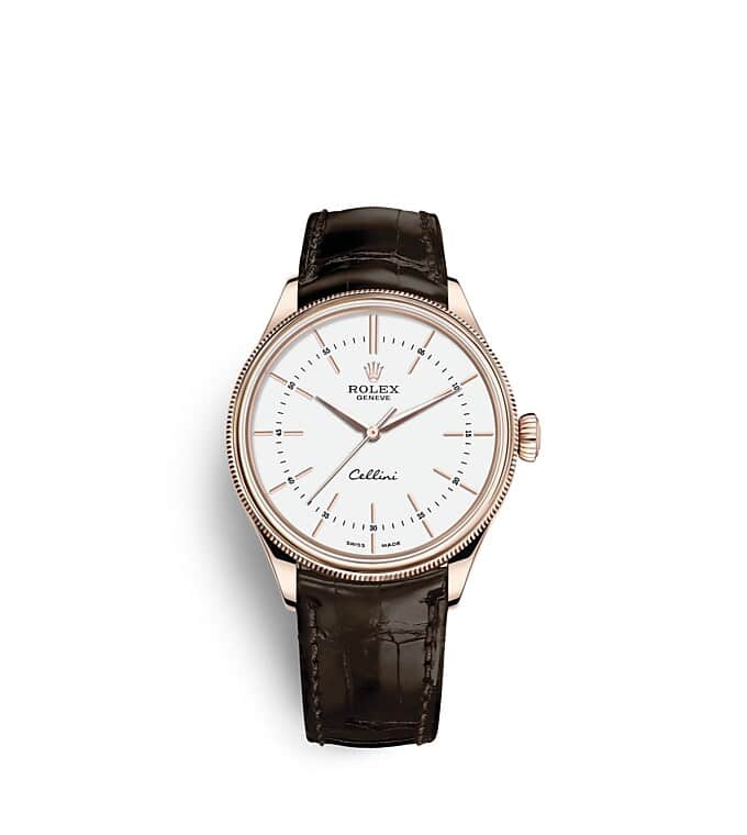 Rolex Cellini | 50505 | Cellini Time | หน้าปัดสีอ่อน | หน้าปัดสีขาว | ขอบแบบทรงโดมและเซาะร่อง | เอเวอร์โรสโกลด์ 18 กะรัต | m50505-0020 | ชาย Watch | Rolex Official Retailer - Srichai Watch