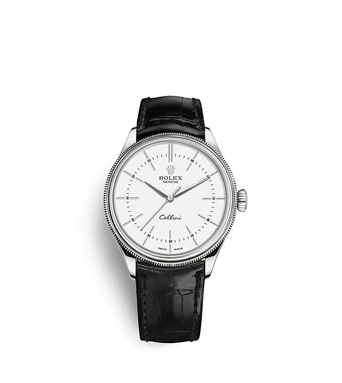Rolex Cellini | 50509 | Cellini Time | หน้าปัดสีอ่อน | หน้าปัดสีขาว | ขอบแบบทรงโดมและเซาะร่อง | ทองคำขาว 18 กะรัต | m50509-0016 | ชาย Watch | Rolex Official Retailer - Srichai Watch