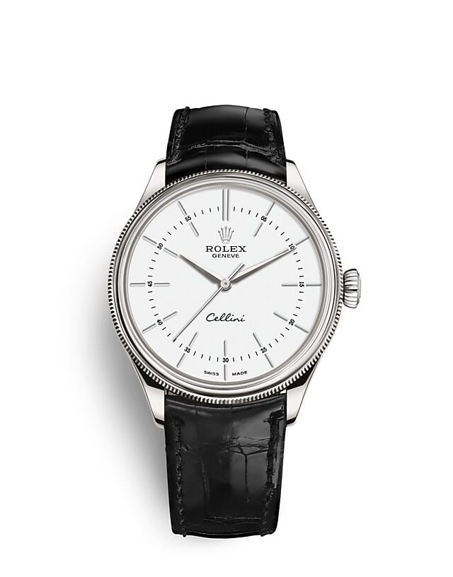 Rolex Cellini | 50509 | Cellini Time | หน้าปัดสีอ่อน | หน้าปัดสีขาว | ขอบแบบทรงโดมและเซาะร่อง | ทองคำขาว 18 กะรัต | m50509-0016 | ชาย Watch | Rolex Official Retailer - Srichai Watch