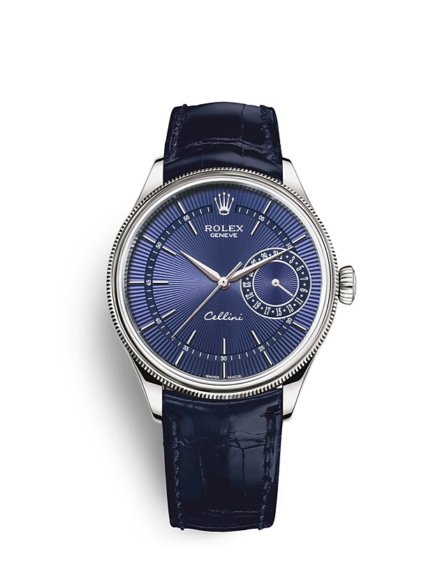 Rolex Cellini | 50519 | Cellini Date | หน้าปัดสี | หน้าปัดสีน้ำเงินสว่าง | ขอบแบบทรงโดมและเซาะร่อง | ทองคำขาว 18 กะรัต | m50519-0011 | ชาย Watch | Rolex Official Retailer - Srichai Watch