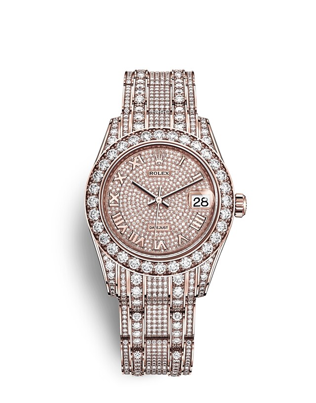 Rolex Pearlmaster | 81405RBR | Pearlmaster 34 | Diamond paved dial | Diamond-Paved Dial | Diamond-Set Bezel | 18 ct Everose gold | m81405rbr-0001 | Women Watch | Rolex Official Retailer - Srichai Watch
