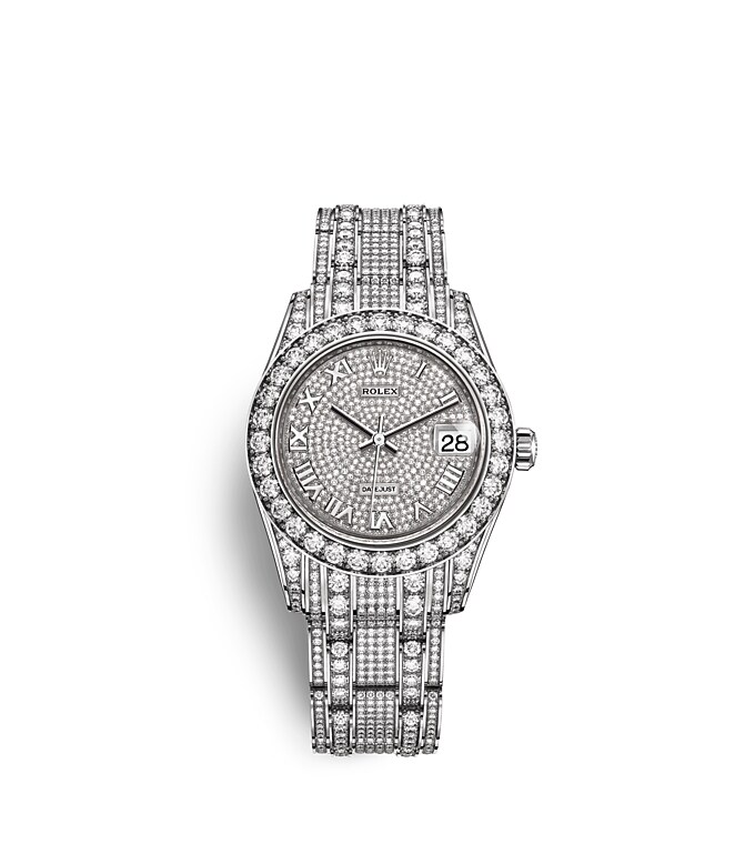 Rolex Pearlmaster | 81409RBR | Pearlmaster 34 | หน้าปัดคลุมด้วยเพชร | หน้าปัดประดับเพชร | ขอบหน้าปัดประดับเพชร | ทองคำขาว 18 กะรัต | m81409rbr-0001 | หญิง Watch | Rolex Official Retailer - Srichai Watch