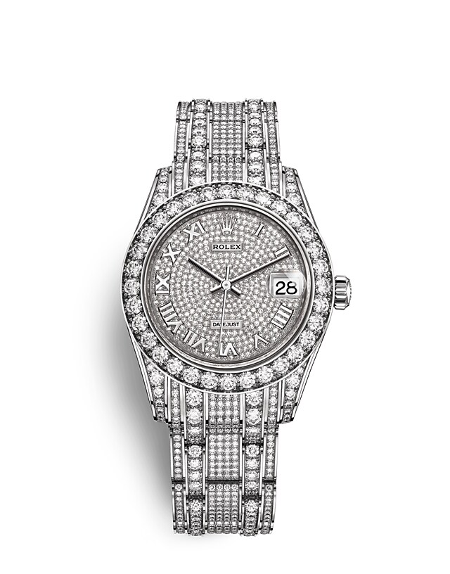 Rolex Pearlmaster | 81409RBR | Pearlmaster 34 | Gem-set dial | Diamond-Paved Dial | Diamond-Set Bezel | 18 ct white gold | m81409rbr-0001 | Women Watch | Rolex Official Retailer - Srichai Watch
