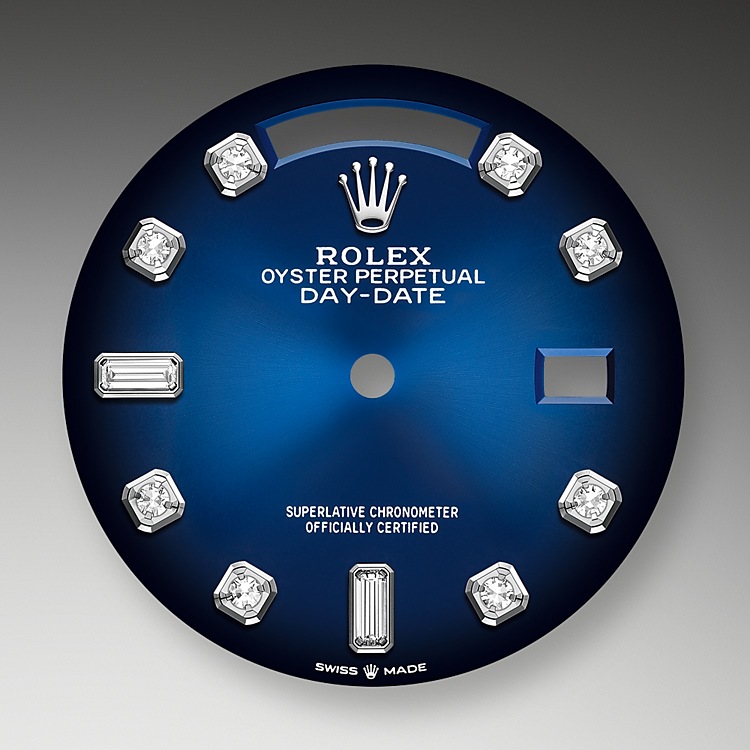 Rolex Day-Date | 128239 | Day-Date 36 | หน้าปัดสี | หน้าปัดสีน้ำเงินออมเบร | ขอบหน้าปัดแบบเซาะร่อง | ทองคำขาว 18 กะรัต | m128239-0023 | ชาย Watch | Rolex Official Retailer - Srichai Watch